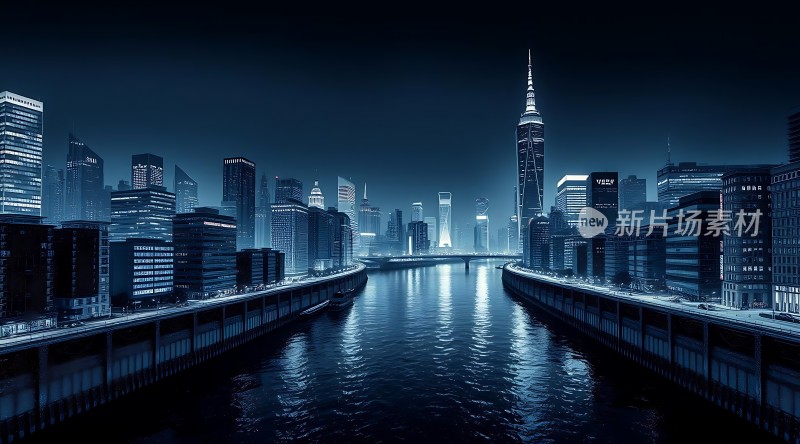 繁华都市夜景下的宁静河流