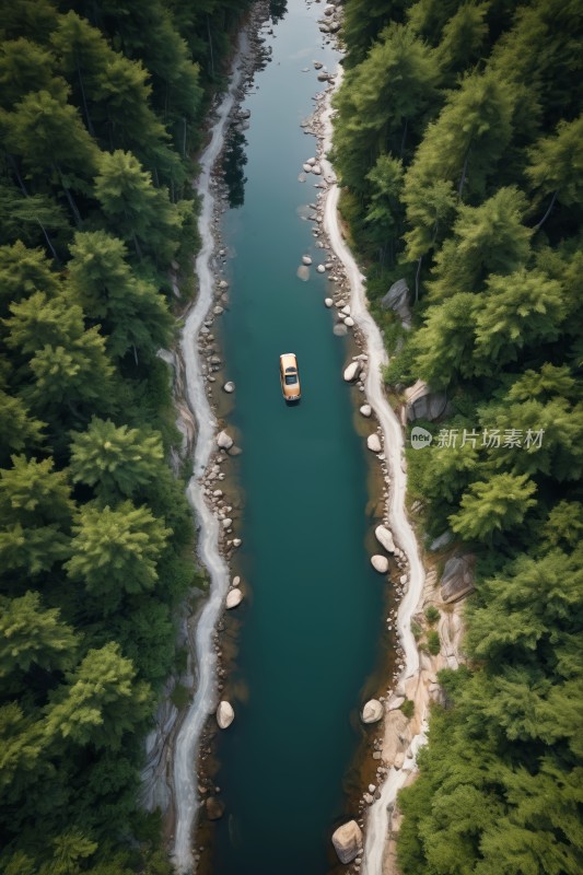 一艘船漂浮一些树木附近的水中高清风景图片