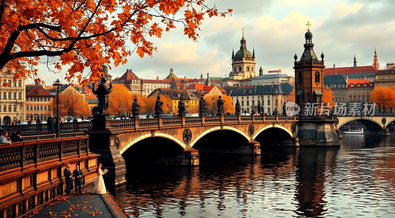 秋日布拉格查理大桥风光