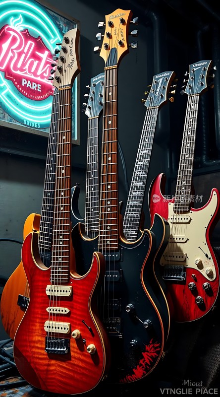吉他展示多种款式电吉他在霓虹灯下闪耀