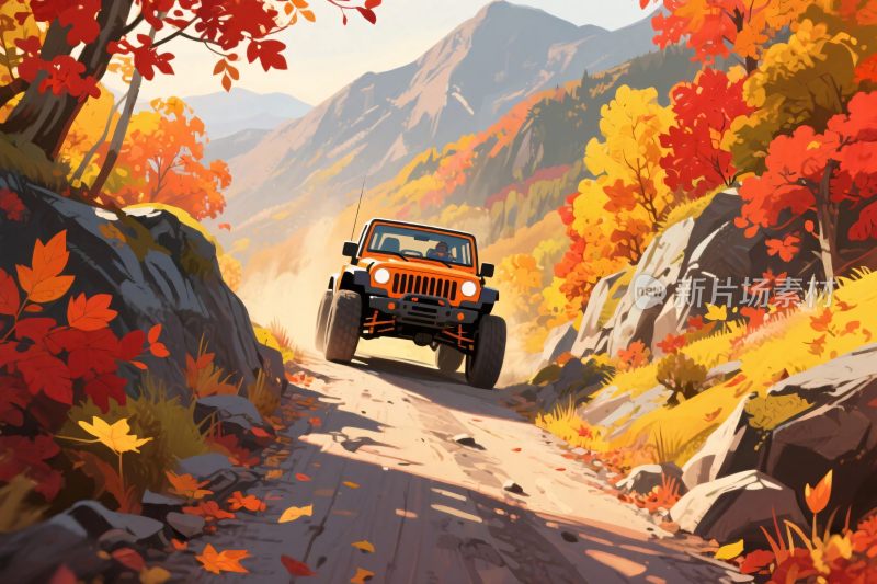秋日山间越野吉普车行驶图