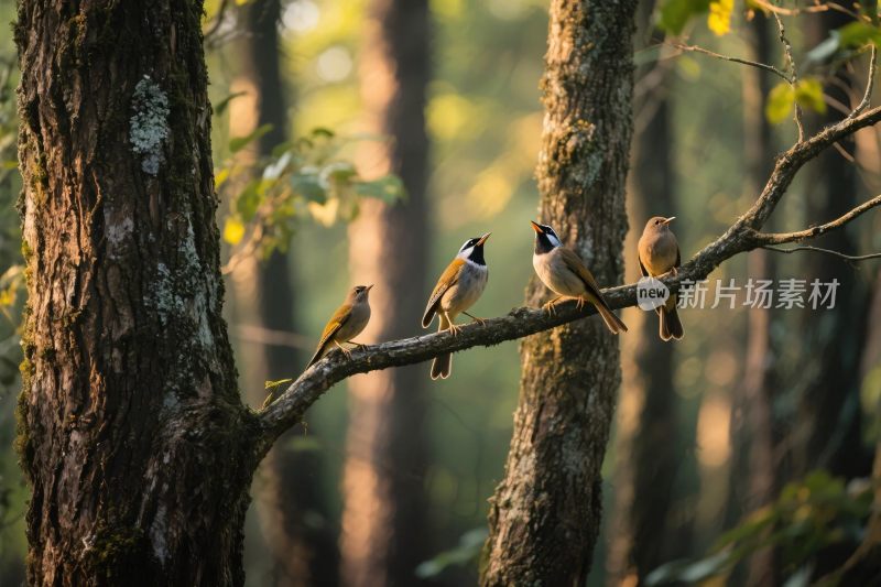 森林小鸟栖息图