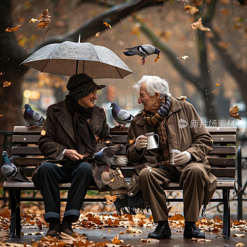 秋日公园伞下老夫妇与鸽子共度美好时光