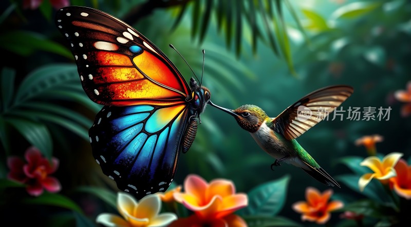 蝴蝶与蜂鸟共舞于花丛间