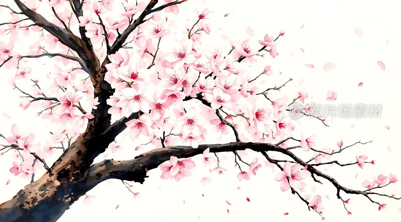 粉红樱花飘落枝头