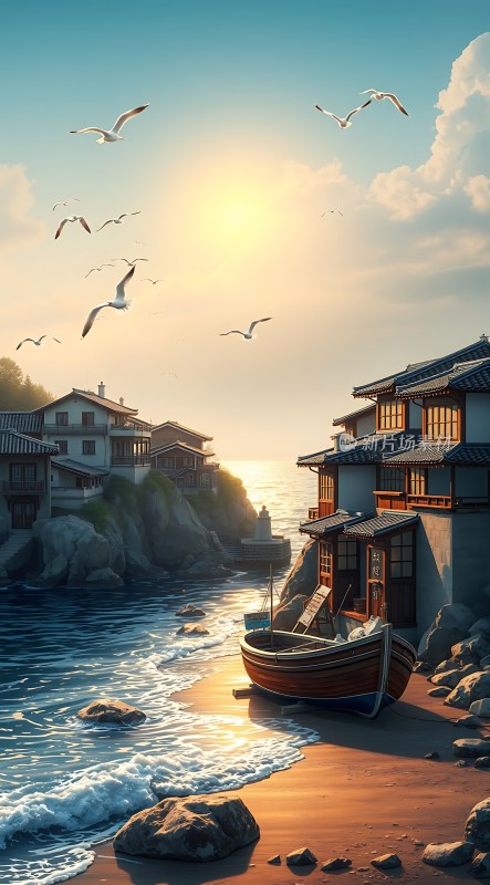 海边的日落渔船与飞翔的海鸥