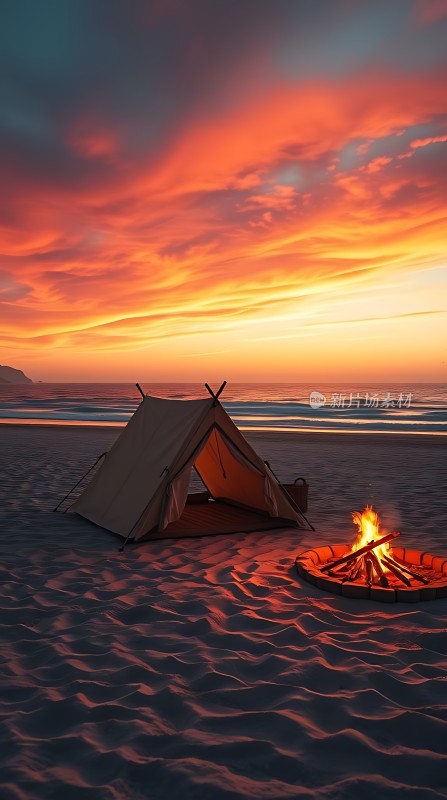 日落下的海滩露营