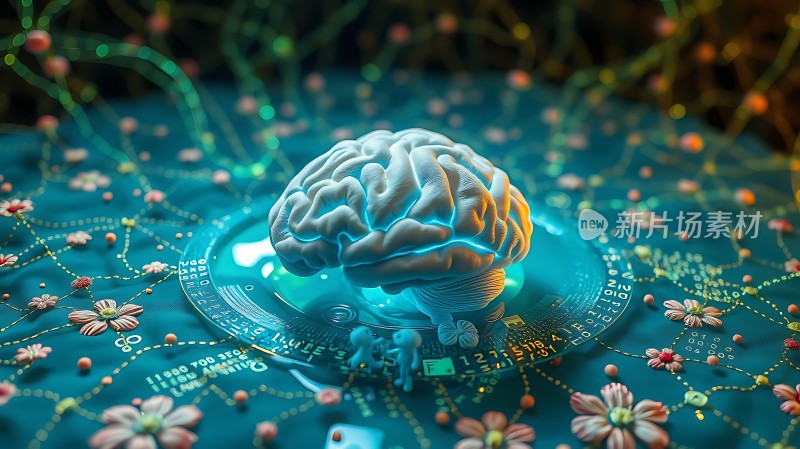 数字大脑与花卉交织的艺术图景