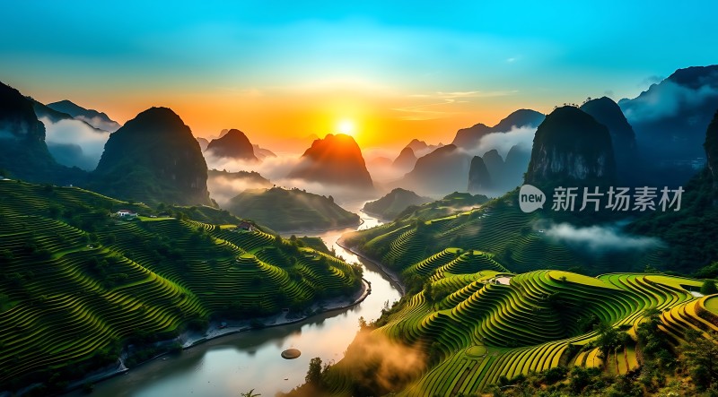 梯田晨曦山水画卷