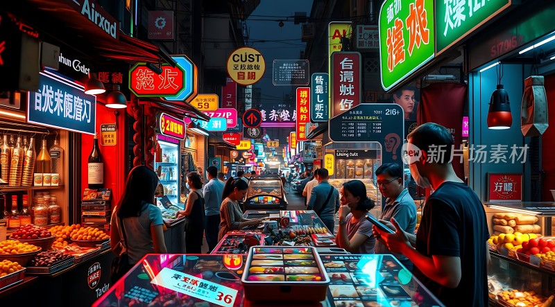 霓虹灯下的繁华夜市