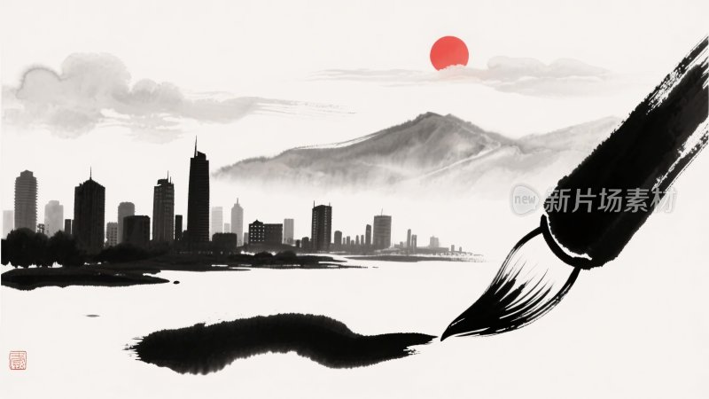 水墨笔触绘城市山水景象