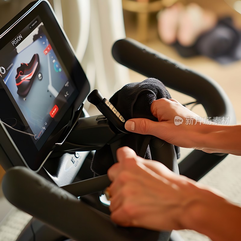 健身器材上的平板电脑屏幕显示运动鞋的画面