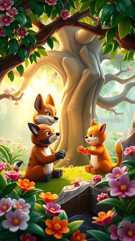 树下的三只小狐狸