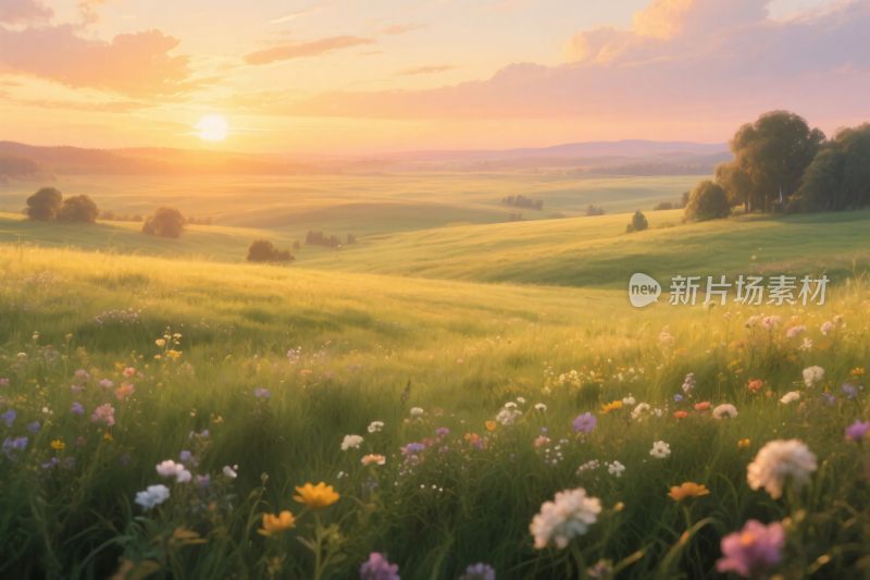 田园风景夕阳草地