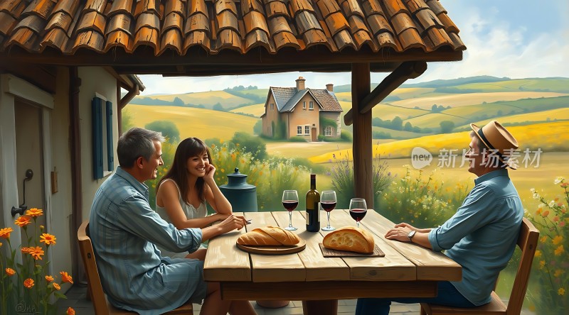 乡村田园风光下的温馨家庭聚会