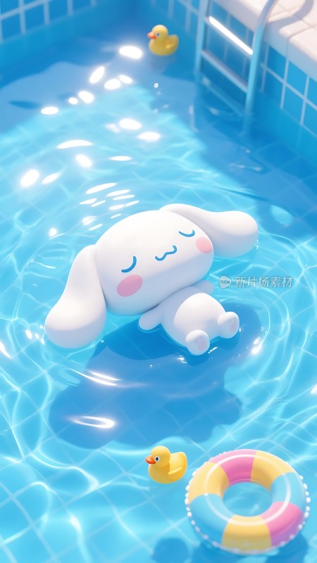 泳池中的可爱小兔子与黄色小鸭和彩色游泳圈