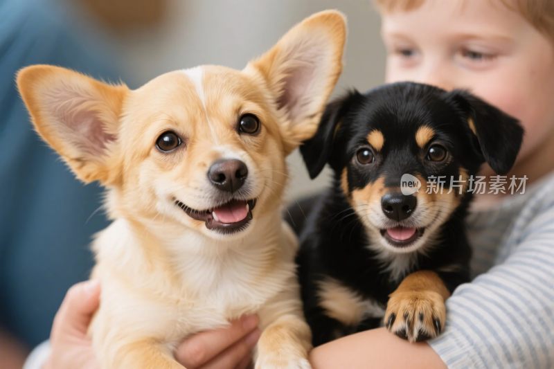 两只小狗与小朋友温馨画面