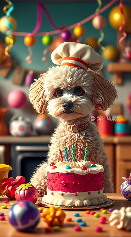 小狗戴厨师帽庆祝生日