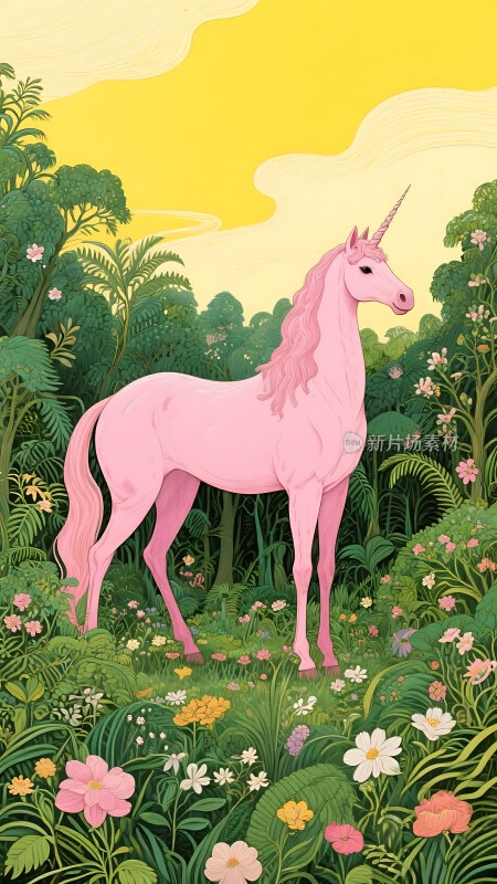 粉红独角兽在花丛中漫步