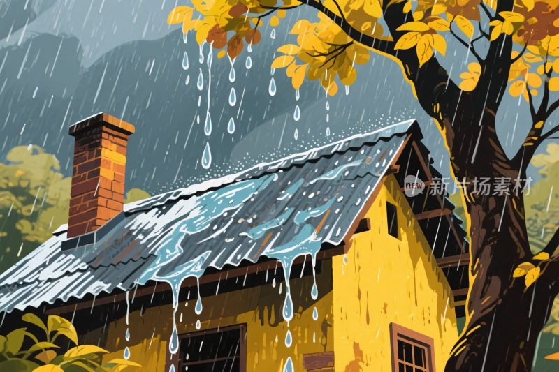 雨中老木屋插画