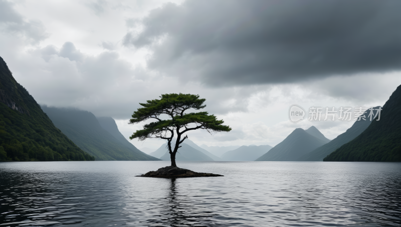 峡湾中央一座小岛上的一棵孤树高清风景图片