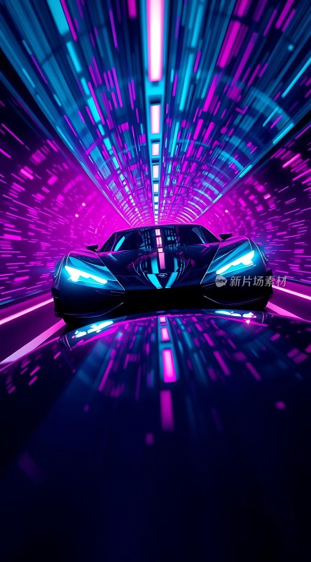 未来科技感跑车穿越霓虹隧道