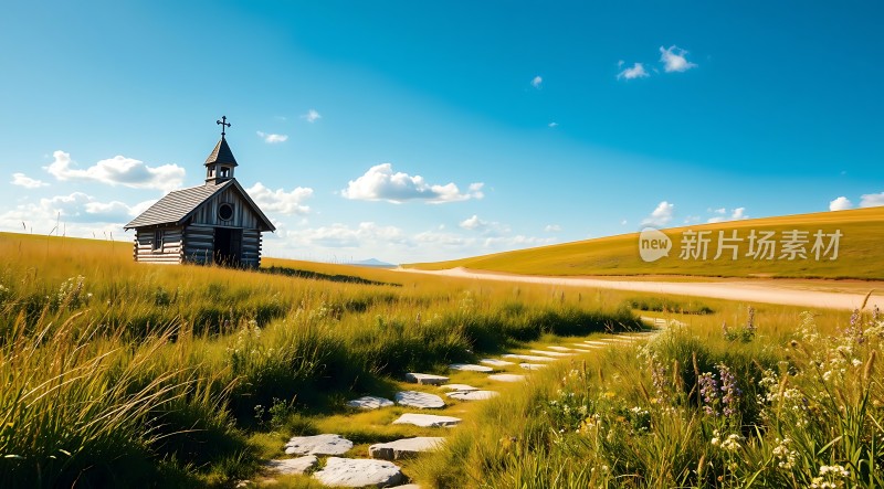 蓝天下的木屋与石径