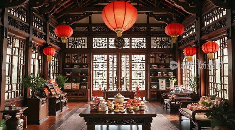 古色古香茶馆红木家具配绿植灯笼高挂显温馨
