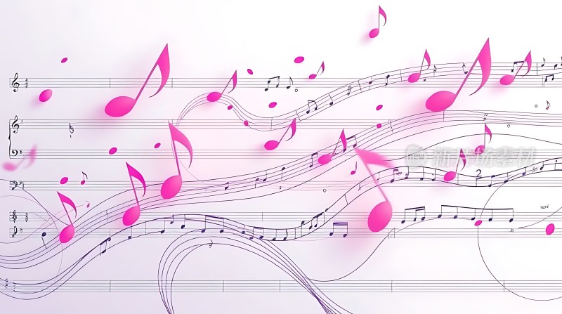 粉色音符在乐谱上飞舞