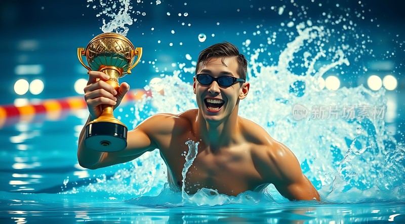 泳池中胜利者高举奖杯庆祝辉煌成就