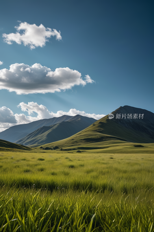 草地山脉蓝天白云高清风景图片