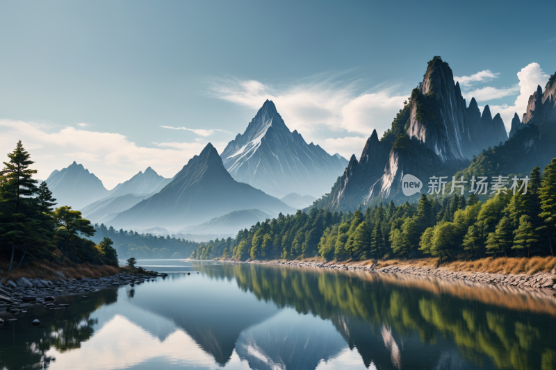 山倒映在湖的静水中高清风景插画图片