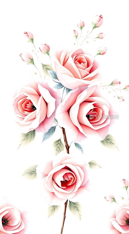 粉红玫瑰绽放绿叶衬托花朵盛开生机勃勃