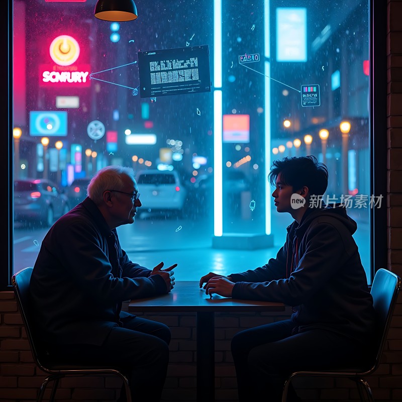 父子夜谈霓虹闪烁下的温馨时刻