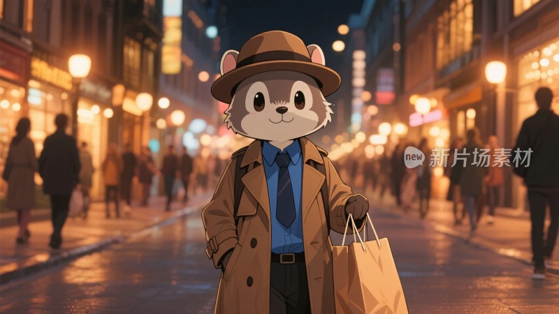 戴帽提袋的拟人化老鼠在街道