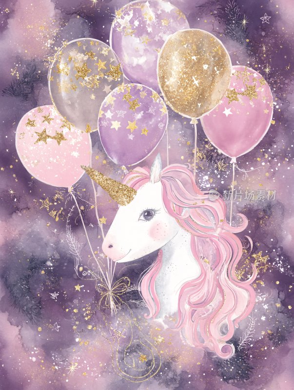 梦幻独角兽与气球插画