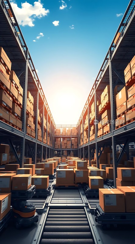 阳光下的仓库整齐排列的货物与传送带