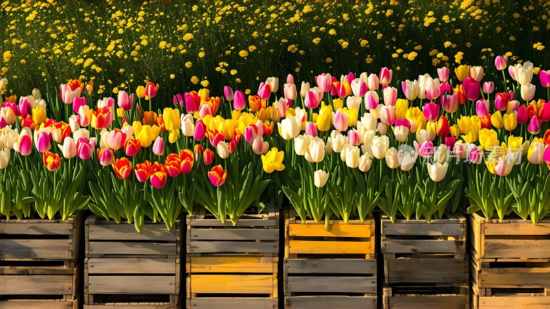 多彩郁金香盛放木箱装满春意浓