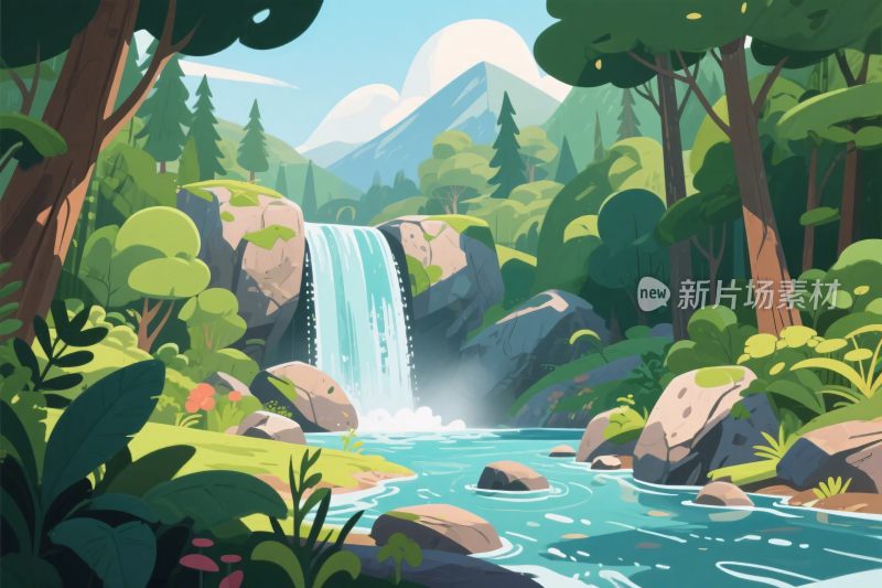 森林瀑布风景插画
