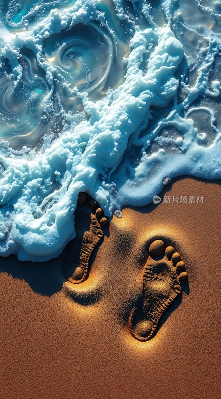 沙滩上的脚印与海浪