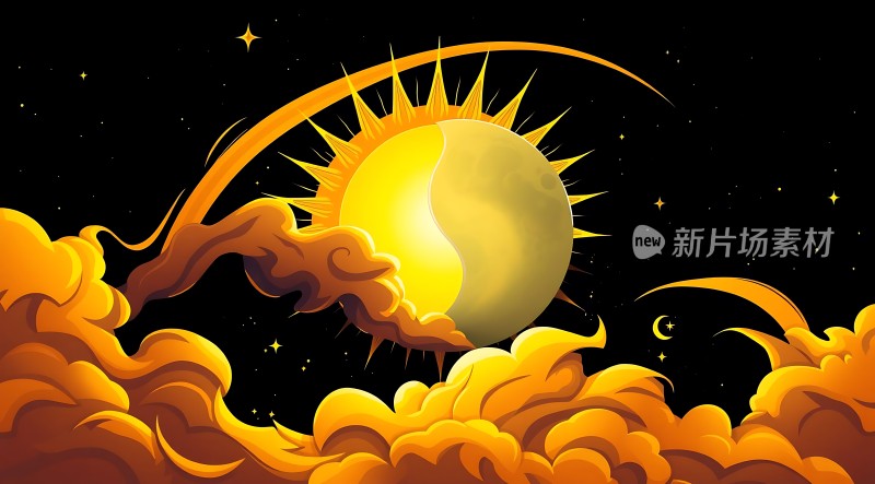 金色太阳与云彩的梦幻夜空