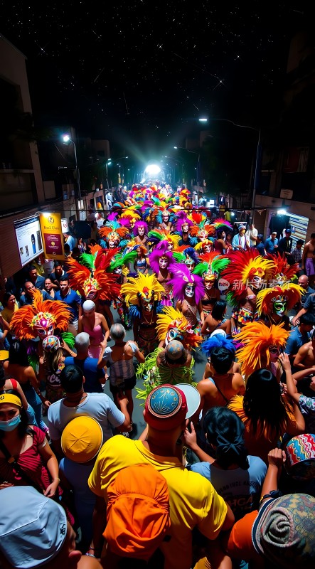 狂欢节之夜五彩缤纷的队伍与热情的人群