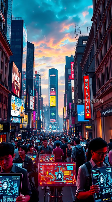 繁华都市夜幕降临霓虹闪烁人群熙攘