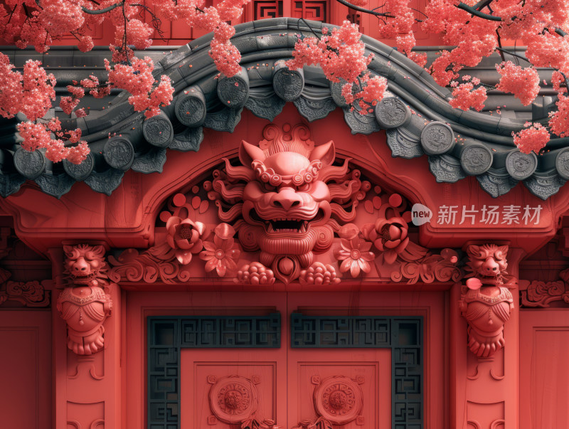 传统红色中国门与狮头雕塑