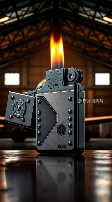金属打火机燃烧着火焰背景是飞机库