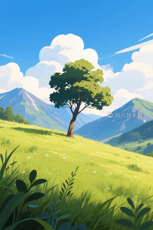 草地孤树风景插画