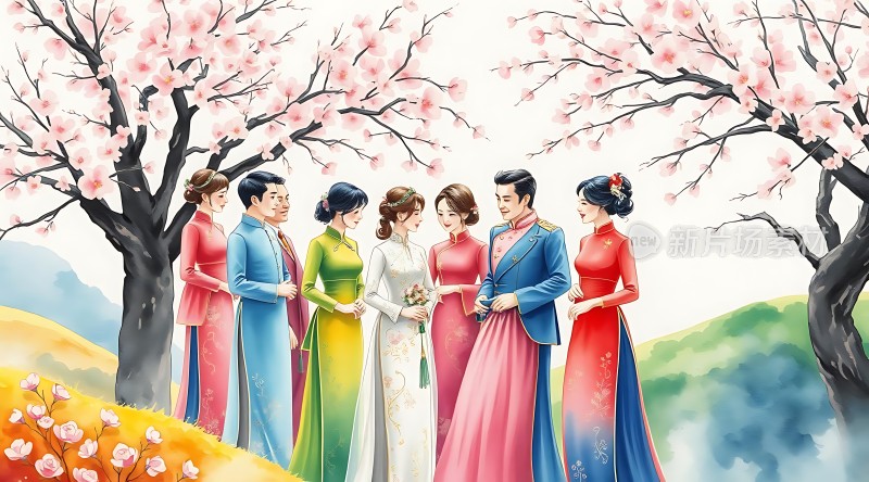 春日樱花下身着传统服饰的人们欢聚一堂