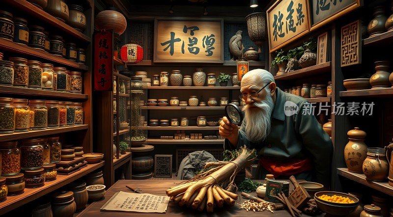 老中医在药店里认真检查药材