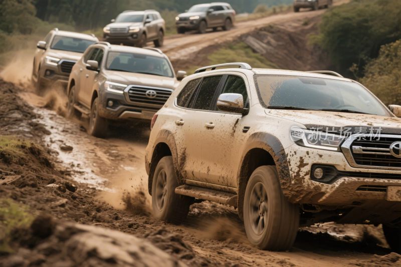 多辆越野车泥泞道路行驶