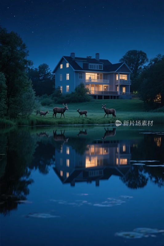 夜间湖景别墅鹿群倒影